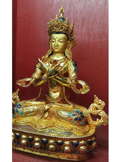 Buddhist Statue Of Vajradhara, [full Gold Plated, Stone Setting, Face Painted]
