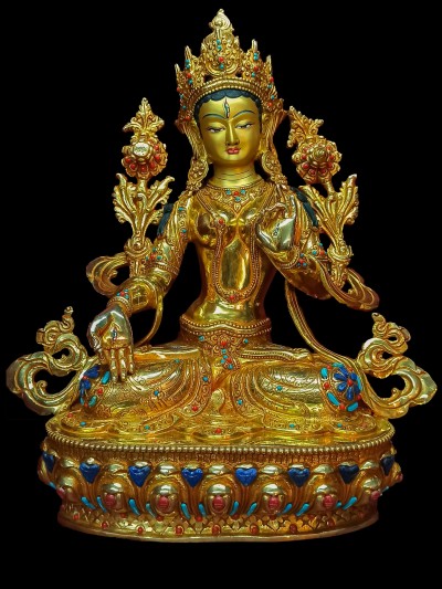 Buddhist Statue Of White Tara, [full Gold Plated, Stone Setting, Face Painted]