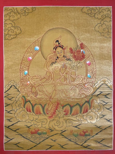 Tibetan Buddhist Thangka Of [green Tara], Real 24k Gold, [hand Painted]