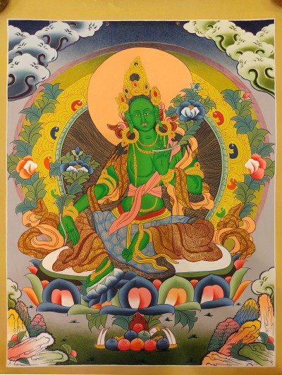 Tibetan Buddhist Thangka Of [green Tara], Real 24k Gold, [hand Painted]