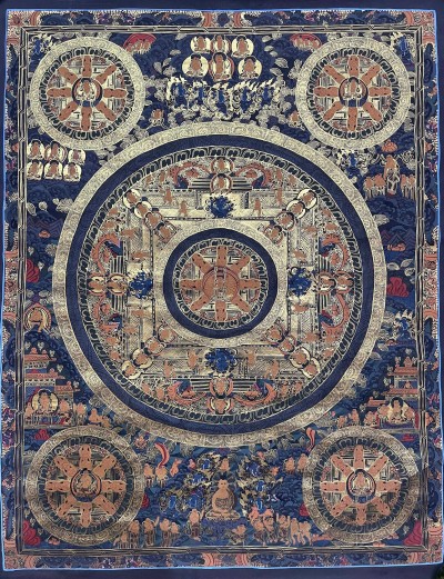 Tibetan Buddhist Thangka Painting Of Pancha Buddha Mandala, [hand Painted]