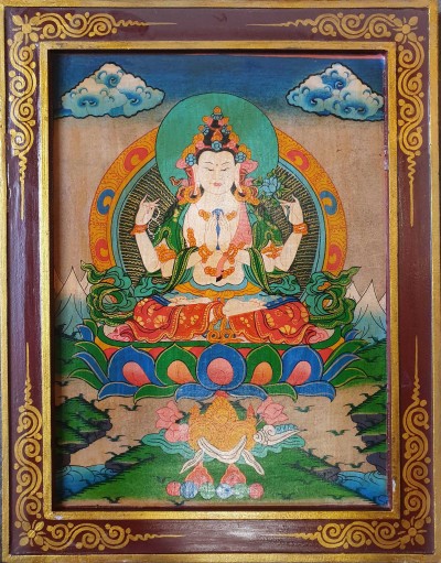 Tibetan Buddhist Thangka Painting Of Chenrezig, [wooden Frame]