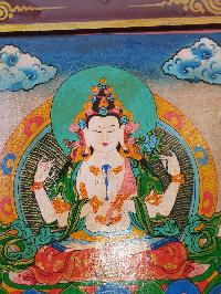 Tibetan Buddhist Thangka Painting Of Chenrezig, [wooden Frame]