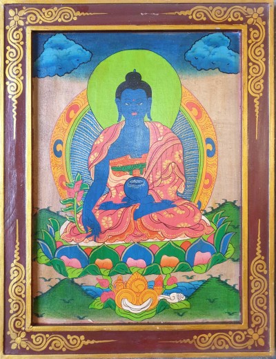 Tibetan Buddhist Thangka Painting Of Medicine Buddha, [wooden Frame]