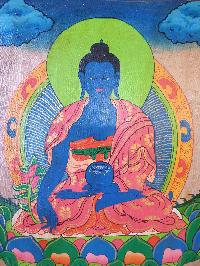 Tibetan Buddhist Thangka Painting Of Medicine Buddha, [wooden Frame]