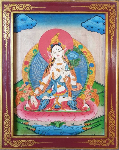 Tibetan Buddhist Thangka Painting Of White Tara, [wooden Frame]