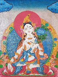 Tibetan Buddhist Thangka Painting Of White Tara, [wooden Frame]