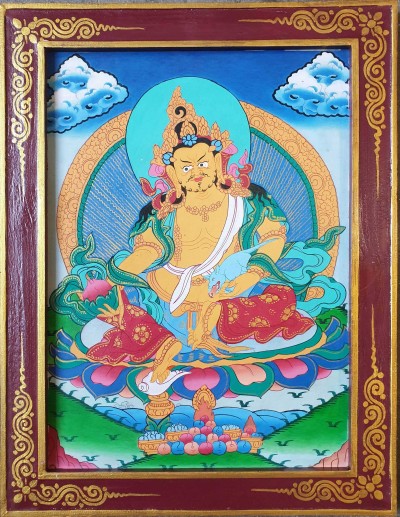 Tibetan Buddhist Thangka Painting Of Yellow Jambhala, [wooden Frame]