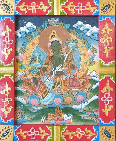 Tibetan Buddhist Thangka Painting Of Green Tara, [wooden Frame]