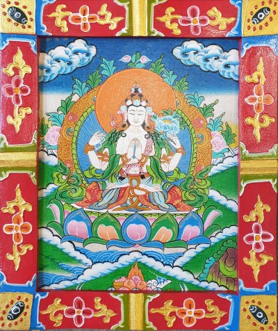 Tibetan Buddhist Thangka Painting Of Chenrezig, [wooden Frame]