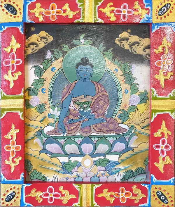 Tibetan Buddhist Thangka Painting Of Medicine Buddha, [wooden Frame]