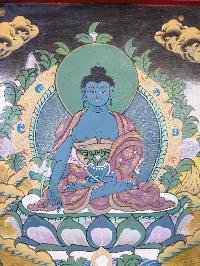 Tibetan Buddhist Thangka Painting Of Medicine Buddha, [wooden Frame]
