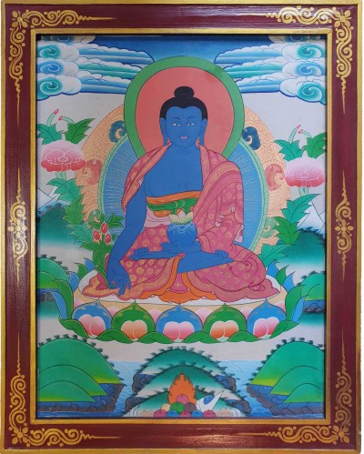 Tibetan Buddhist Thangka Painting Of Vairochana Buddha, [wooden Frame]