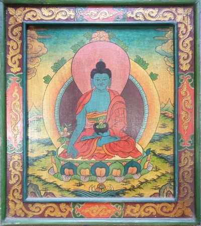 Tibetan Buddhist Thangka Painting Of Medicine Buddha, [wooden Frame]