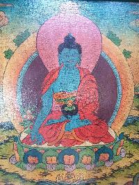 Tibetan Buddhist Thangka Painting Of Medicine Buddha, [wooden Frame]
