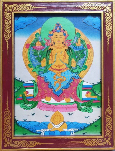 Tibetan Buddhist Thangka Painting Of Maitreya Buddha, [wooden Frame]