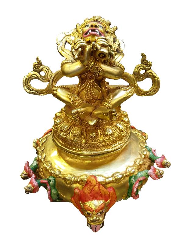 Buddhist Statue Of Mahakala 2 Arms [incense Burner], [full Gold Plated, Face Painted], [makal, Maka, Incense Burner]