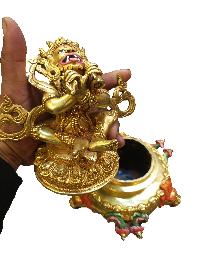 Buddhist Statue Of Mahakala 2 Arms [incense Burner], [full Gold Plated, Face Painted], [makal, Maka, Incense Burner]
