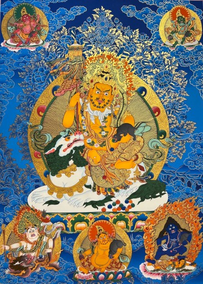 Tibetan Buddhist Thangka Of Jambhala: Namtose, Real 24k Gold, [hand Painted]