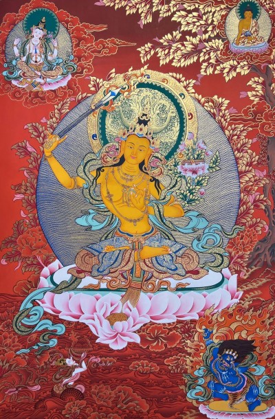 Tibetan Buddhist Thangka Of Manjushree, Real 24k Gold, [hand Painted]