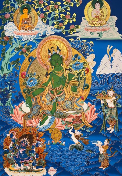 Tibetan Buddhist Thangka Of Green Tara, Real 24k Gold, [hand Painted]