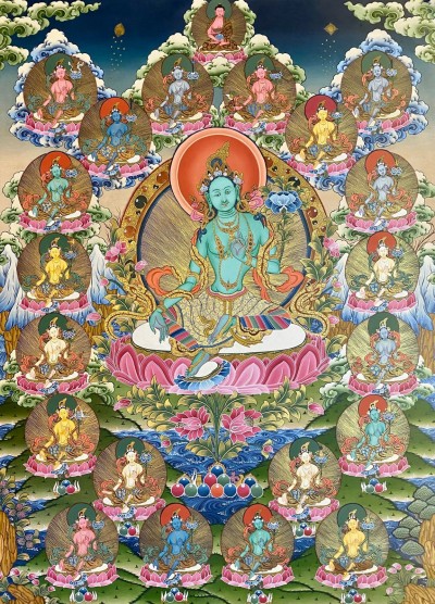 Tibetan Buddhist Thangka Of 21 Tara, Real 24k Gold, [hand Painted]