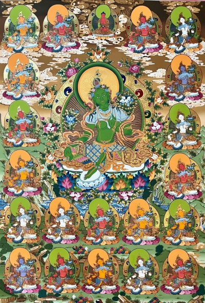 Tibetan Buddhist Thangka Of 21 Tara, Real 24k Gold, [hand Painted]