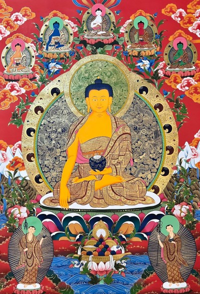 Tibetan Buddhist Thangka Of Shakyamuni Buddha, Real 24k Gold, [hand Painted]