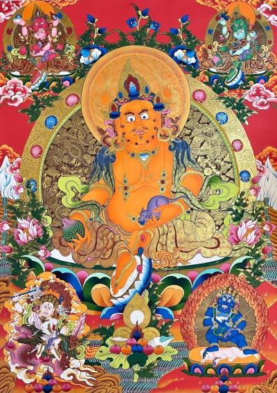Tibetan Buddhist Thangka Of Yellow Jambhala, Real 24k Gold, [hand Painted]