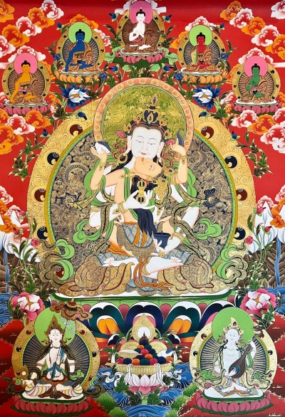 Tibetan Buddhist Thangka Of Vajrasattva, Real 24k Gold, [hand Painted]