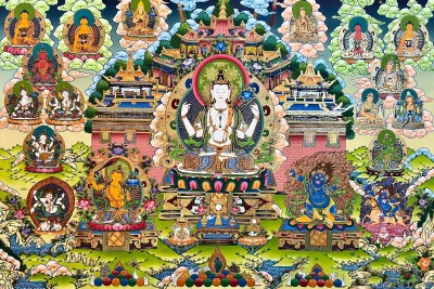 Tibetan Buddhist Thangka Of Chenrezig, Real 24k Gold, [hand Painted], Three Great Bodhisattvas