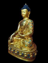Buddhist Statue Of Shakyamuni Buddha, [full Gold Plated, Stone Setting, Face Painted]