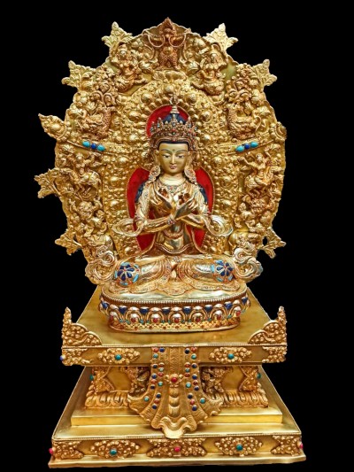 Buddhist Statue Of Vajradhara, [sitting On A Throne], [full Gold Plated, Stone Setting, Face Painted]