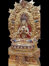 Buddhist Statue Of Vajradhara, [sitting On A Throne], [full Gold Plated, Stone Setting, Face Painted]