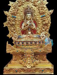 Buddhist Statue Of Vajradhara, [sitting On A Throne], [full Gold Plated, Stone Setting, Face Painted]