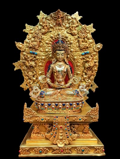 Buddhist Statue Of Aparimita, Amitayus, [sitting On A Throne], [full Gold Plated, Stone Setting, Face Painted], Chepame