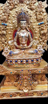 Buddhist Statue Of Aparimita, Amitayus, [sitting On A Throne], [full Gold Plated, Stone Setting, Face Painted], Chepame