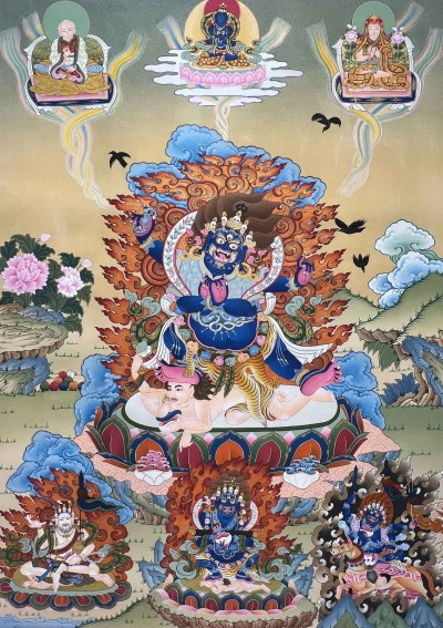Buddhist Handmade Thangka Of Black Mahakala, [hand Painted]