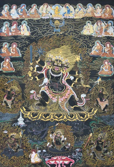 Buddhist Handmade Thangka Of Black Secret Accomplishment Hayagriva, [24k Real Gold], [hand Painted]