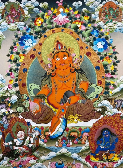 Buddhist Handmade Thangka Of Yellow Jambhala, [hand Painted]