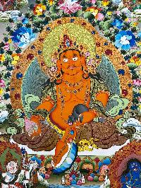 Buddhist Handmade Thangka Of Yellow Jambhala, [hand Painted]