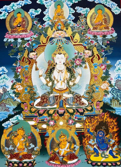 Buddhist Handmade Thangka Of Chenrezig, [hand Painted], Three Great Bodhisattvas