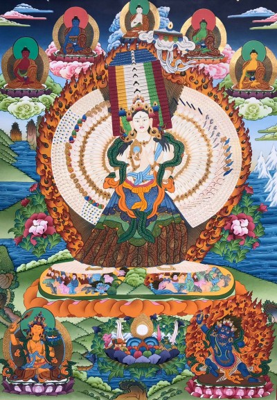 Buddhist Handmade Thangka Of Umbrella Tara, Sitatapatra - Umbrella Goddess - Dugar, [hand Painted]