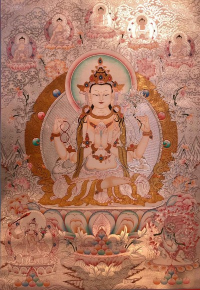Buddhist Handmade Thangka Of Chenrezig, [silver], [hand Painted], Three Great Bodhisattvas