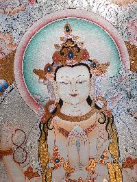Buddhist Handmade Thangka Of Chenrezig, [silver], [hand Painted], Three Great Bodhisattvas