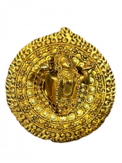 Buddhist Round Miniature Statue Of Akash Yogini, [full Gold Plated]