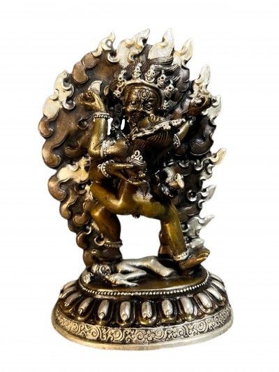 Buddhist Miniature Statue Of Black Jambhala With Consort, [shakti], Yab-yum, [silver And Chocolate Oxidized]