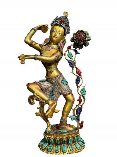 Buddhist Statue Of Chintamani, Lokeshvara [partly Gold Plated, Silver Plated, Stone Setting]
