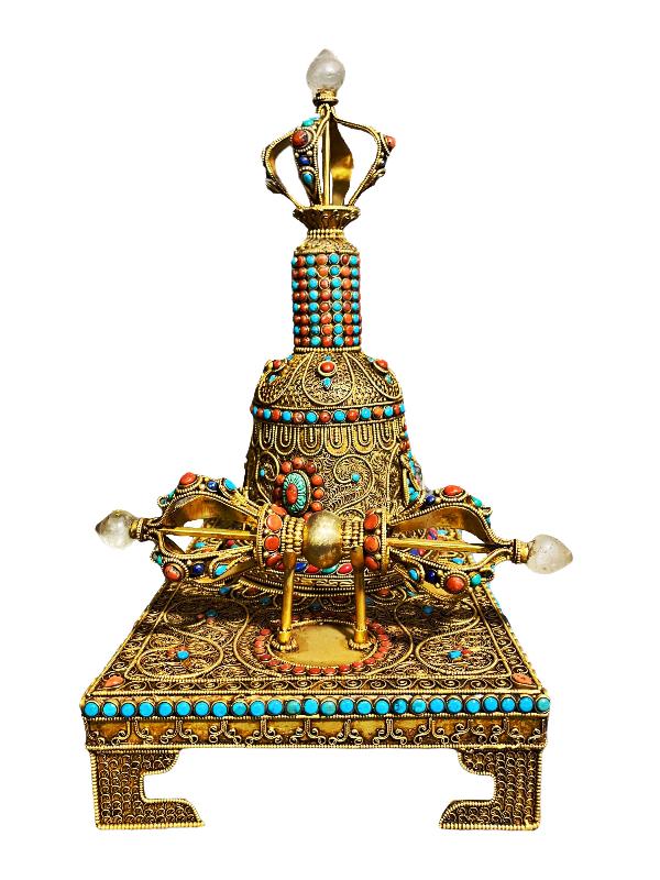 Buddhist Handmade Bell And Dorje With Base, [stone Setting], Siku Design