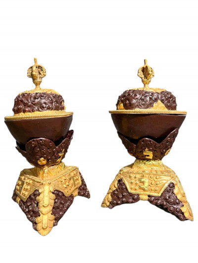 Buddhist Handmade Kapala Pair, [partly Gold Plated With Extra Gold]